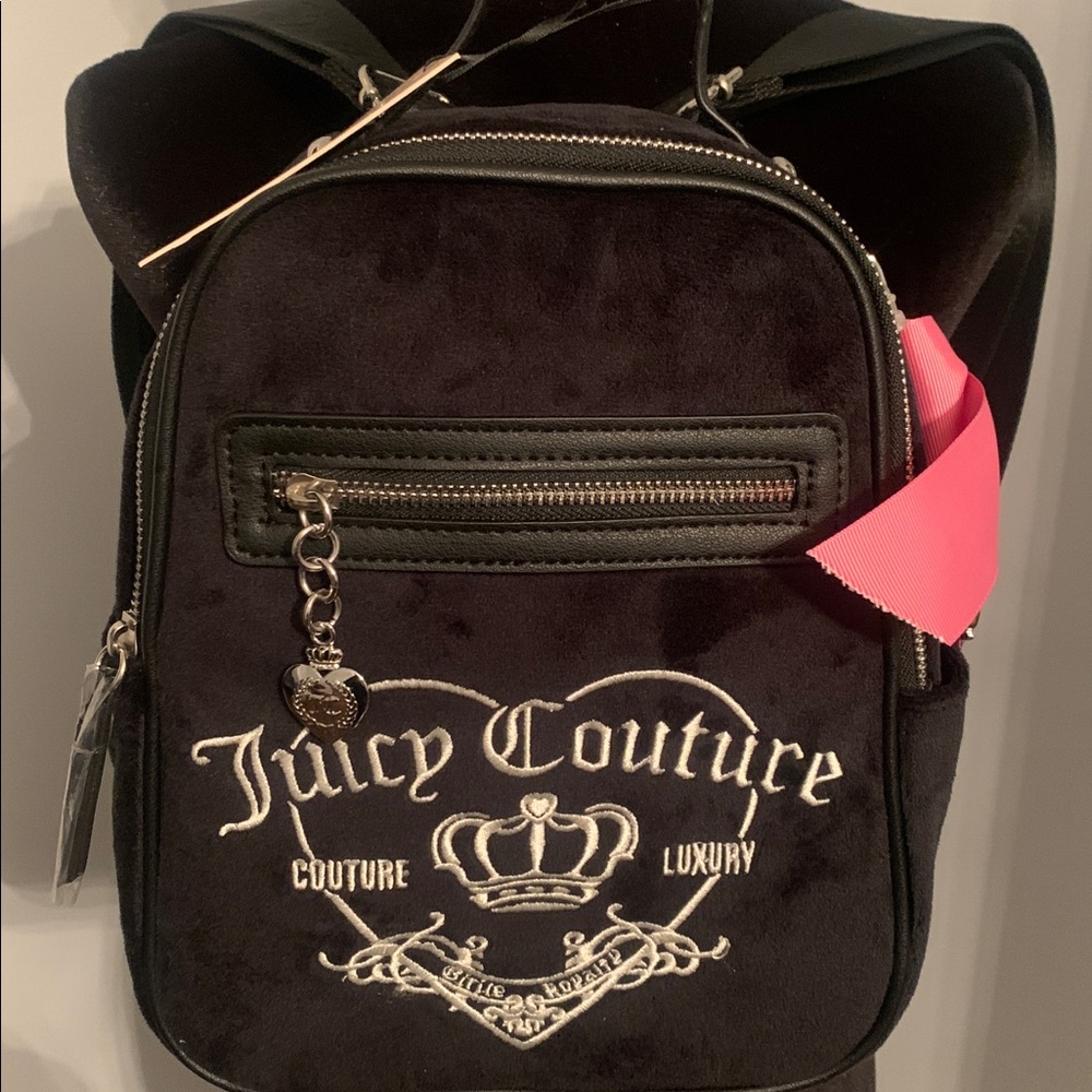 🔥🔥🆕 - Juicy Couture Black Velvet Backpack W/ Pink Bow & Crown Charm - Picture 5 of 12